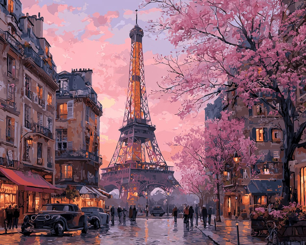 Cherry blossoms and eiffel tower in paris cross stitch kit for beginners