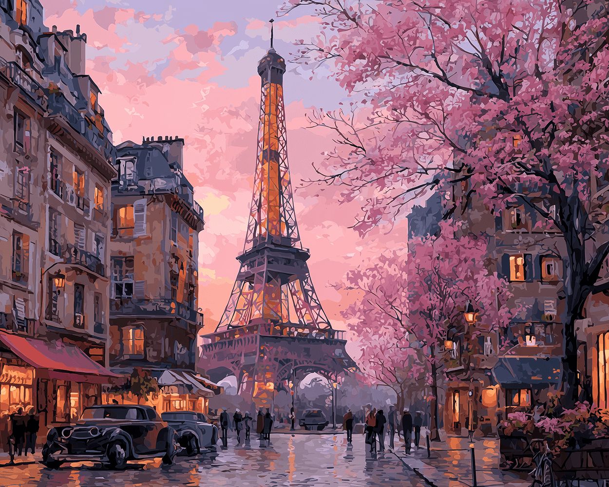 Cherry blossoms and eiffel tower in paris cross stitch kit for beginners