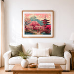 Finished cherry pagoda on mountain cross stitch artwork displayed as home decor