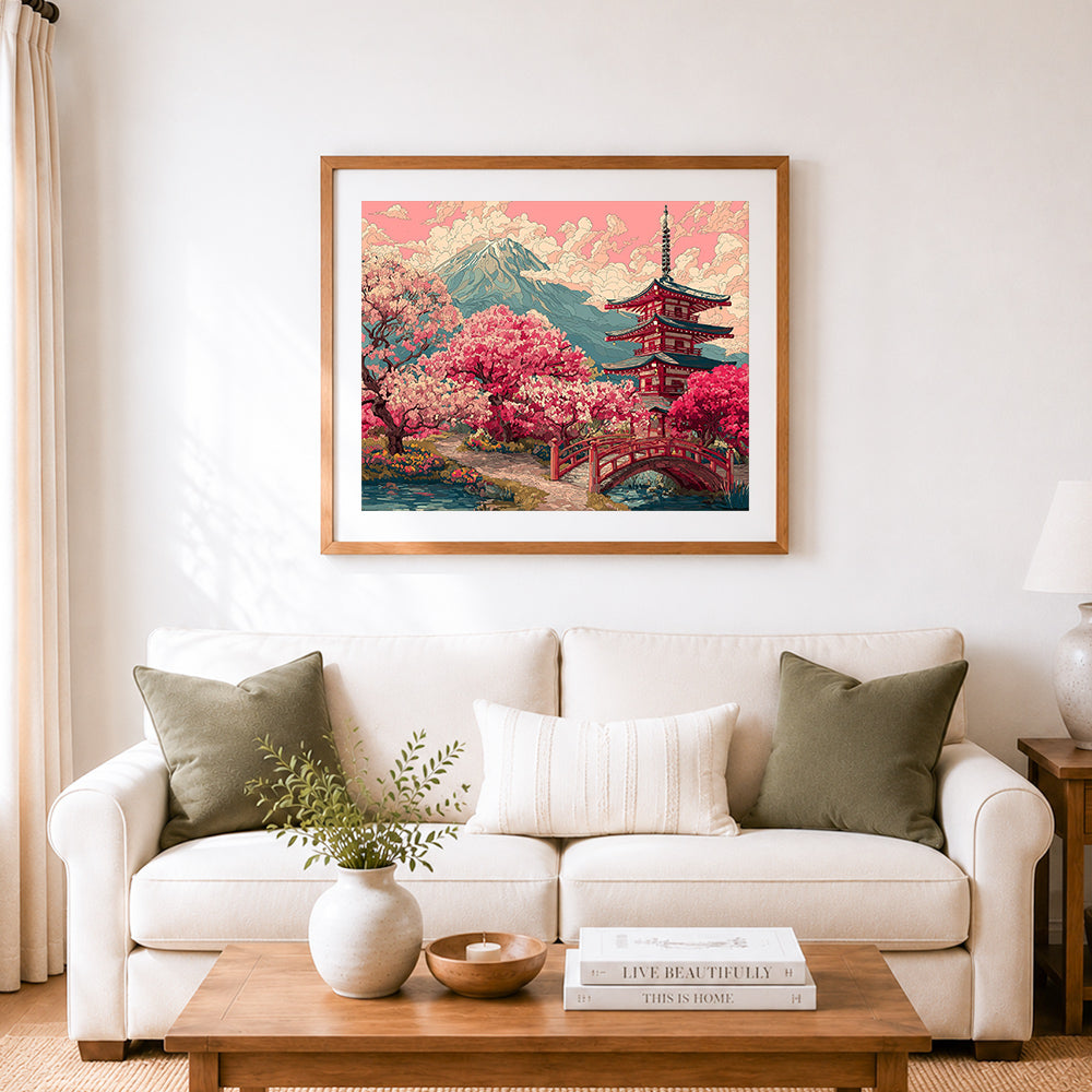 Finished cherry pagoda on mountain cross stitch artwork displayed as home decor
