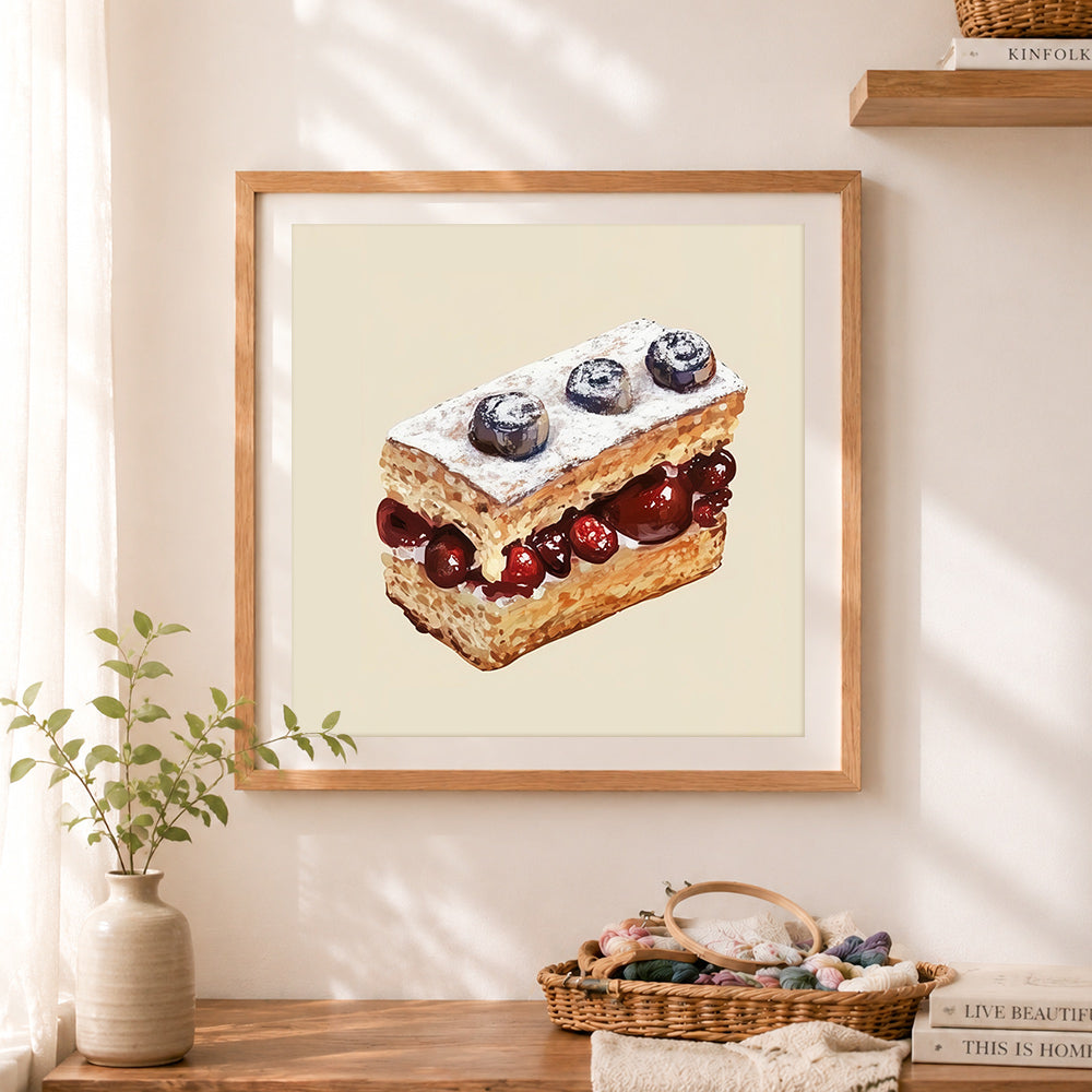 Finished cherry slice cake cross stitch artwork displayed as home decor