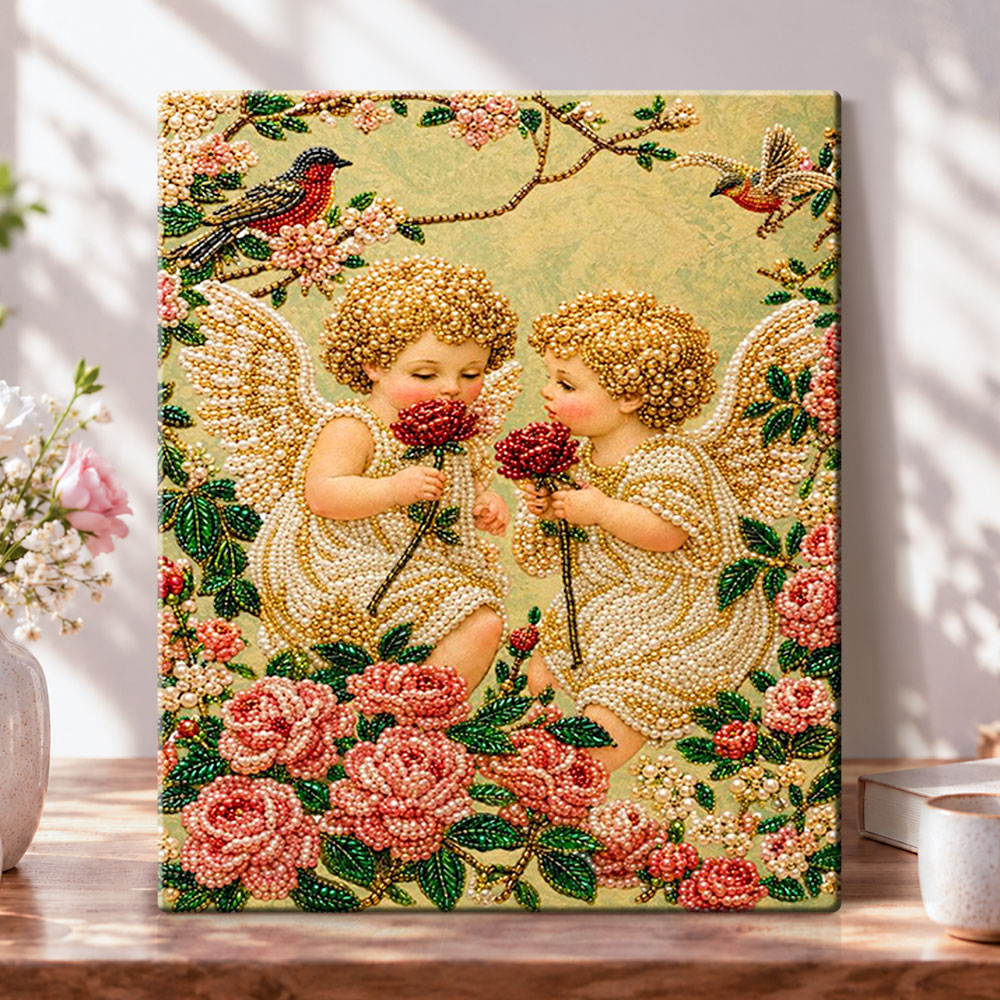 Cherubs with roses pearl diamond painting kit for beginners