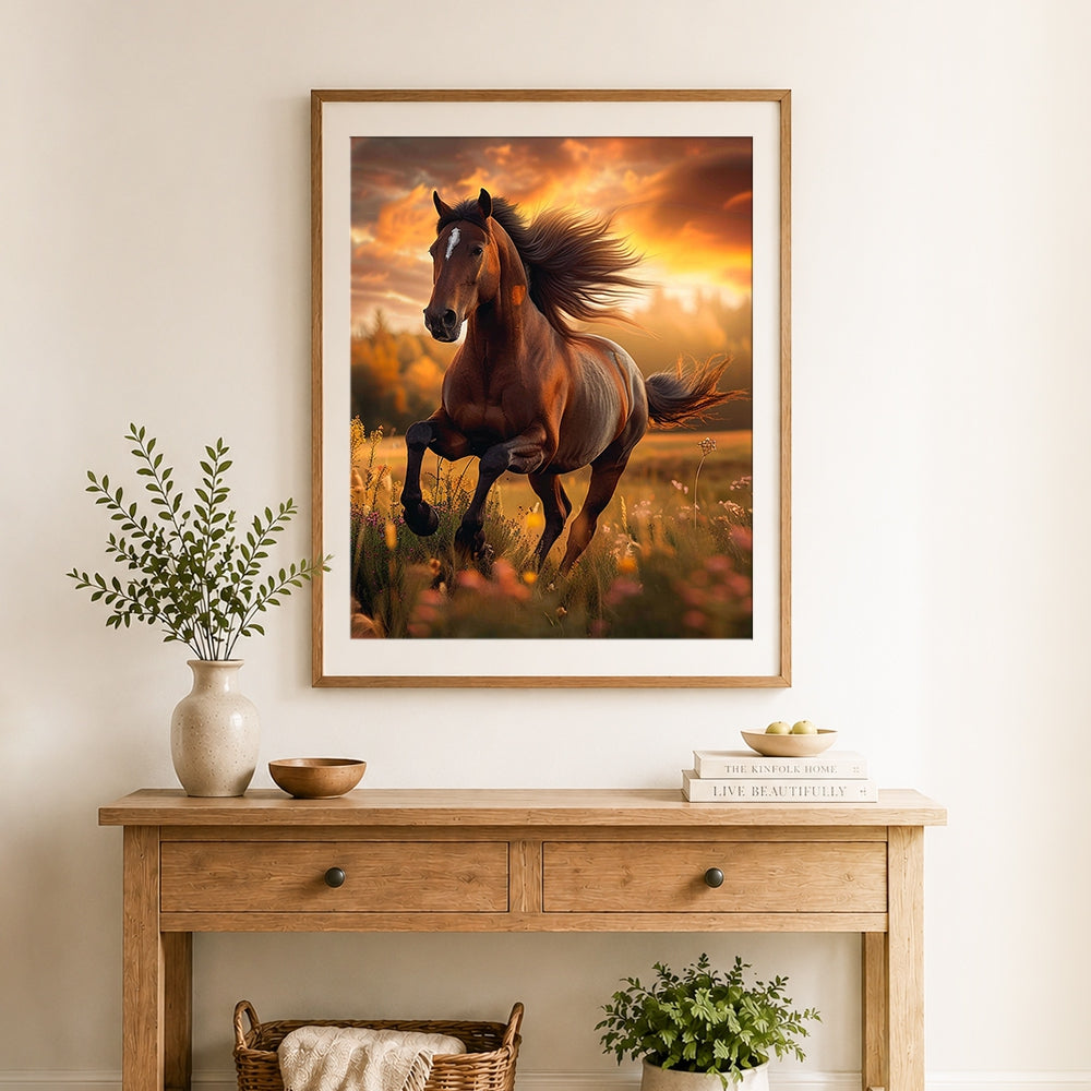 Finished chestnut horse galloping at sunset cross stitch artwork displayed as home decor