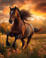 Chestnut horse galloping at sunset cross stitch kit for beginners