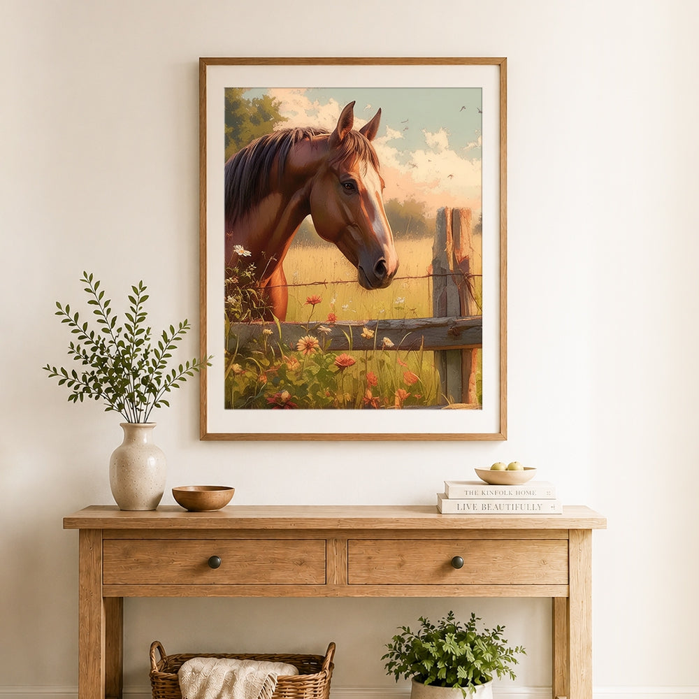 Finished chestnut horse over wooden fence cross stitch artwork displayed as home decor
