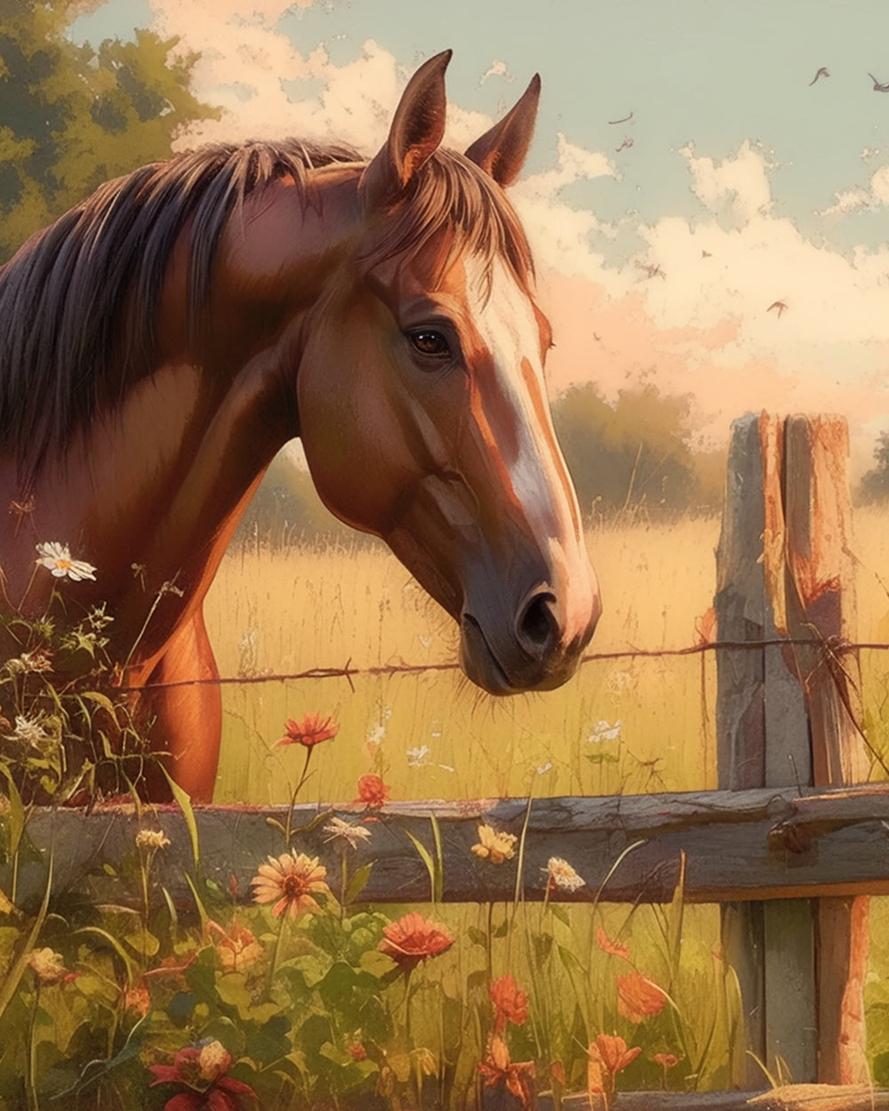 Chestnut horse over wooden fence cross stitch kit for beginners
