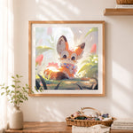 Finished chibi fox in forest cross stitch artwork displayed as home decor