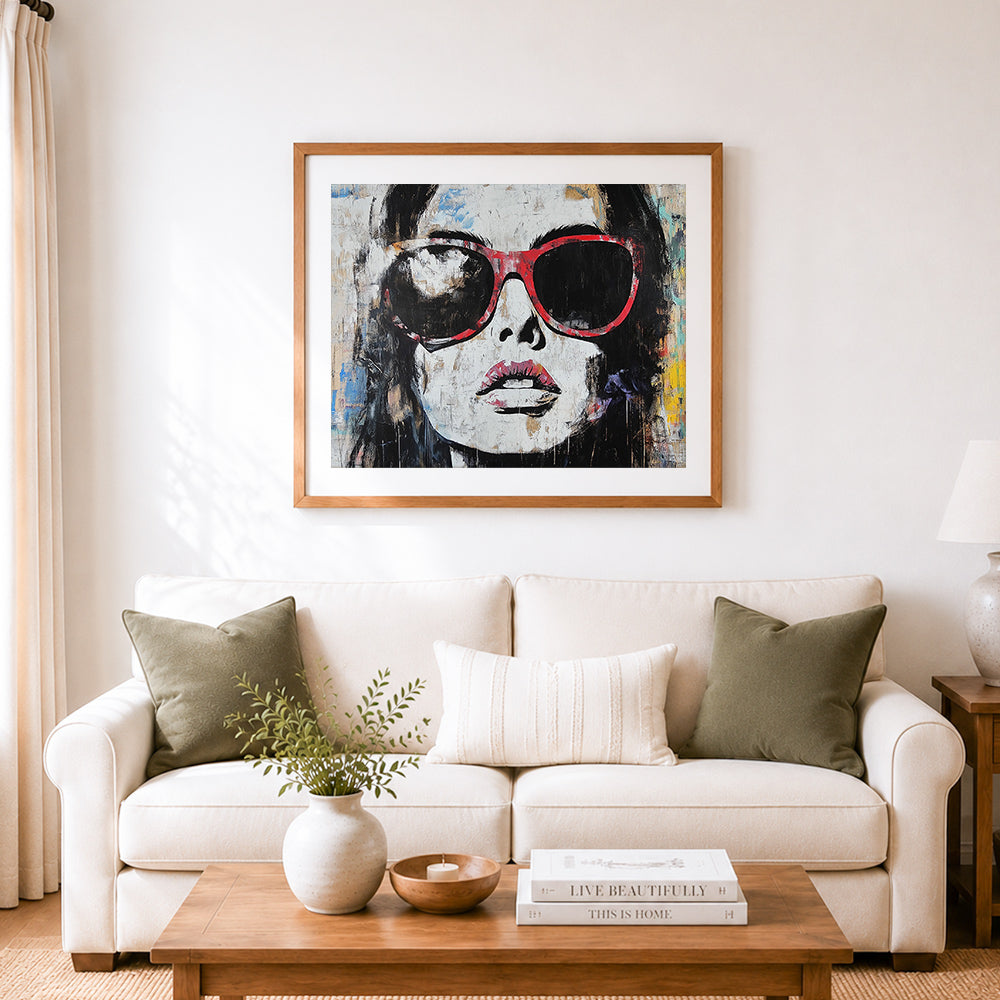 Finished chic sunglass portrait cross stitch artwork displayed as home decor