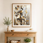 Finished chickadees on birch trees cross stitch artwork displayed as home decor