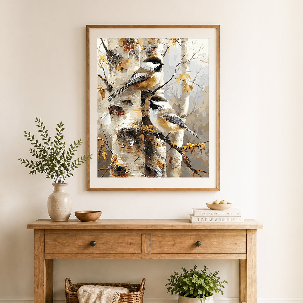 Finished chickadees on birch trees cross stitch artwork displayed as home decor