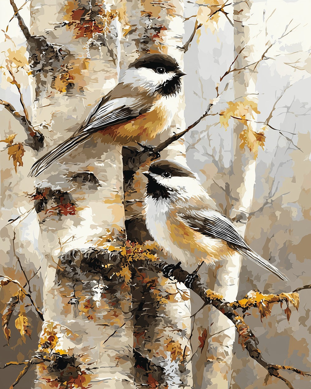 Chickadees on birch trees cross stitch kit for beginners