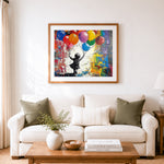 Finished child running with colorful balloons cross stitch artwork displayed as home decor