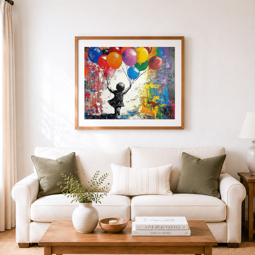 Finished child running with colorful balloons cross stitch artwork displayed as home decor