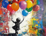 Child running with colorful balloons cross stitch kit for beginners