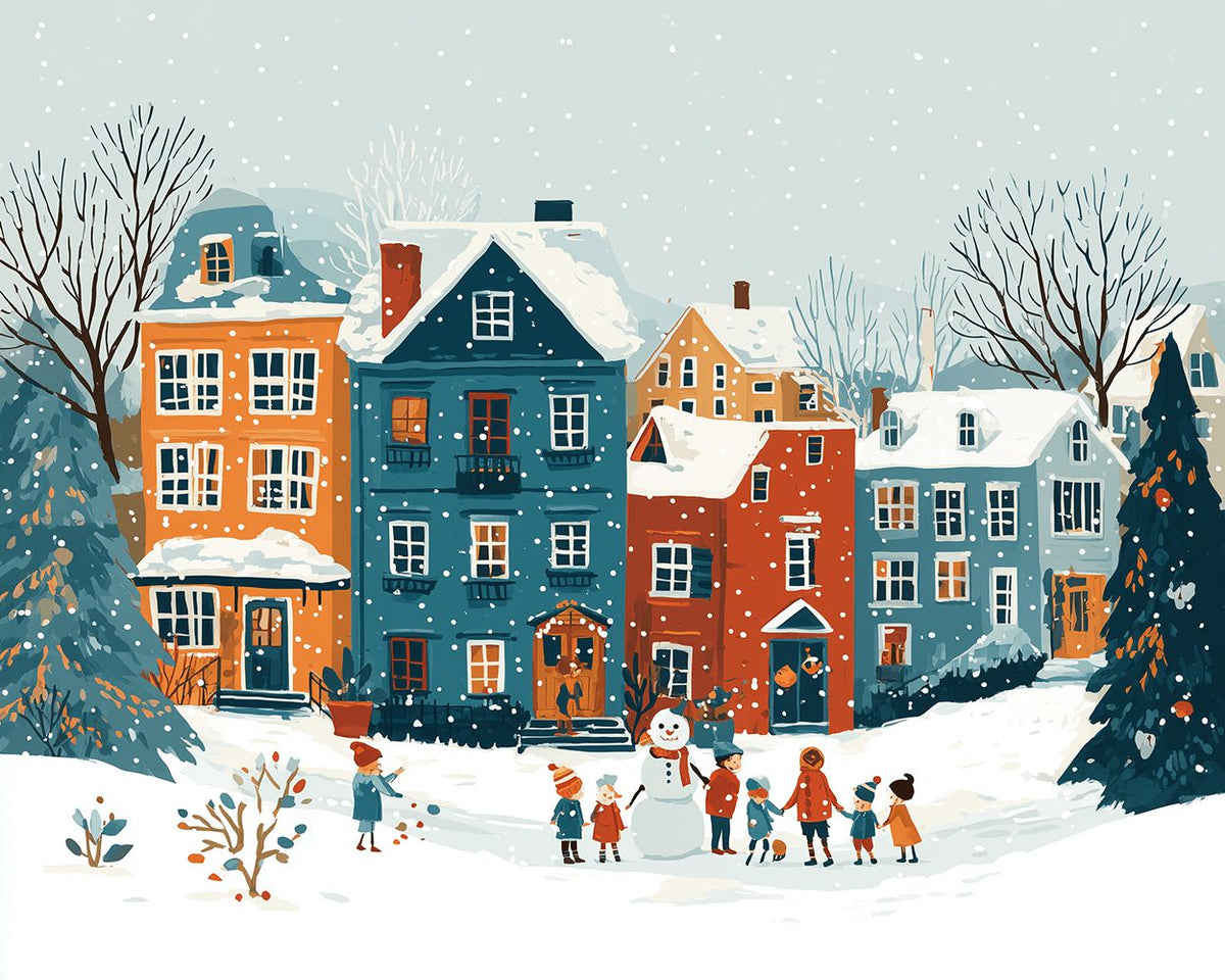 Children building snowman in colorful village cross stitch kit for beginners