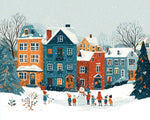 Children building snowman in colorful village cross stitch kit for beginners