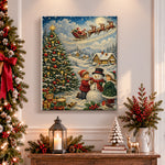 Finished children building snowman on christmas eve pearl diamond painting artwork displayed as holiday home decor