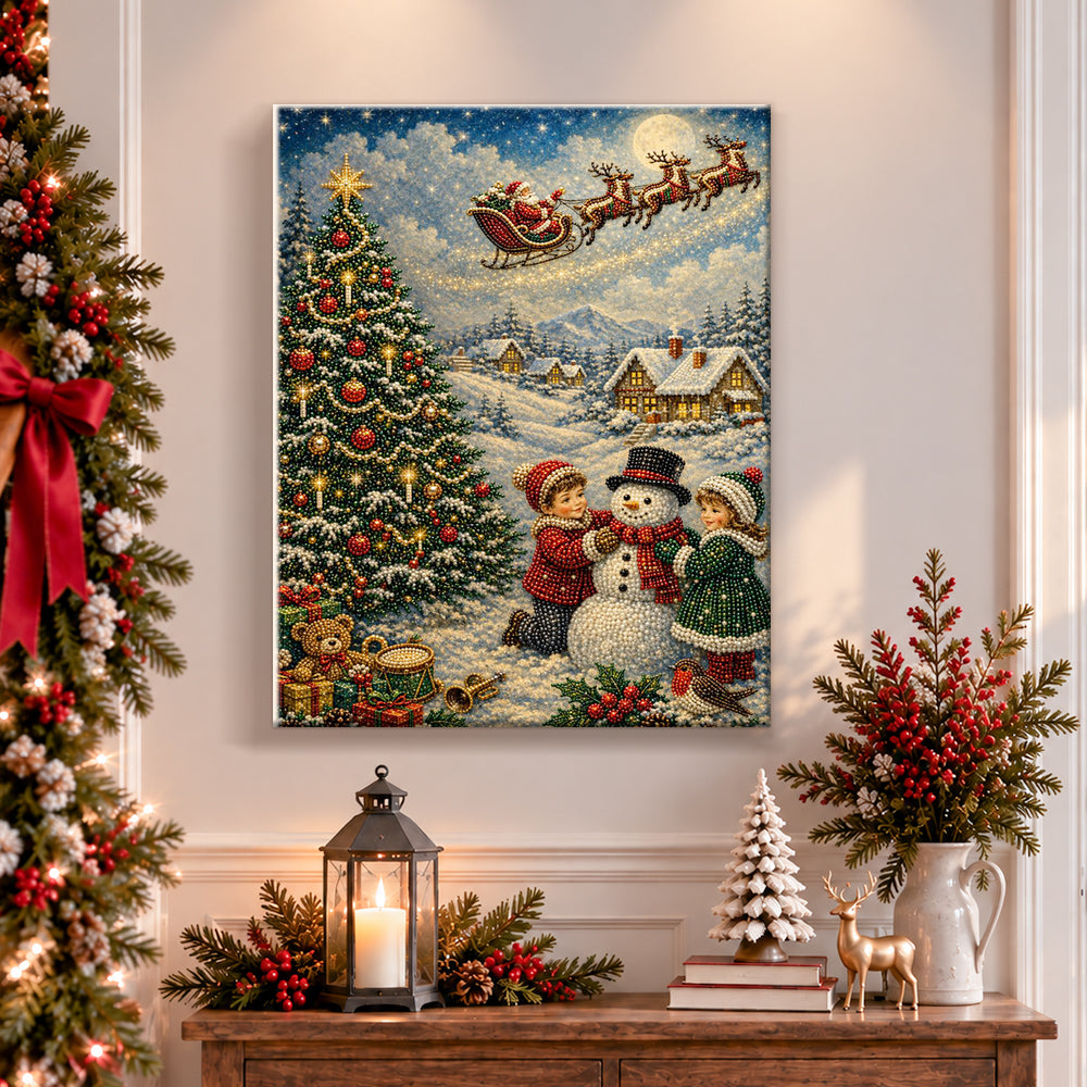 Finished children building snowman on christmas eve pearl diamond painting artwork displayed as holiday home decor