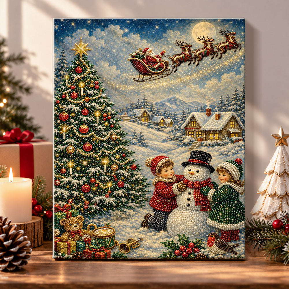 Children building snowman on christmas eve pearl diamond painting kit for beginners