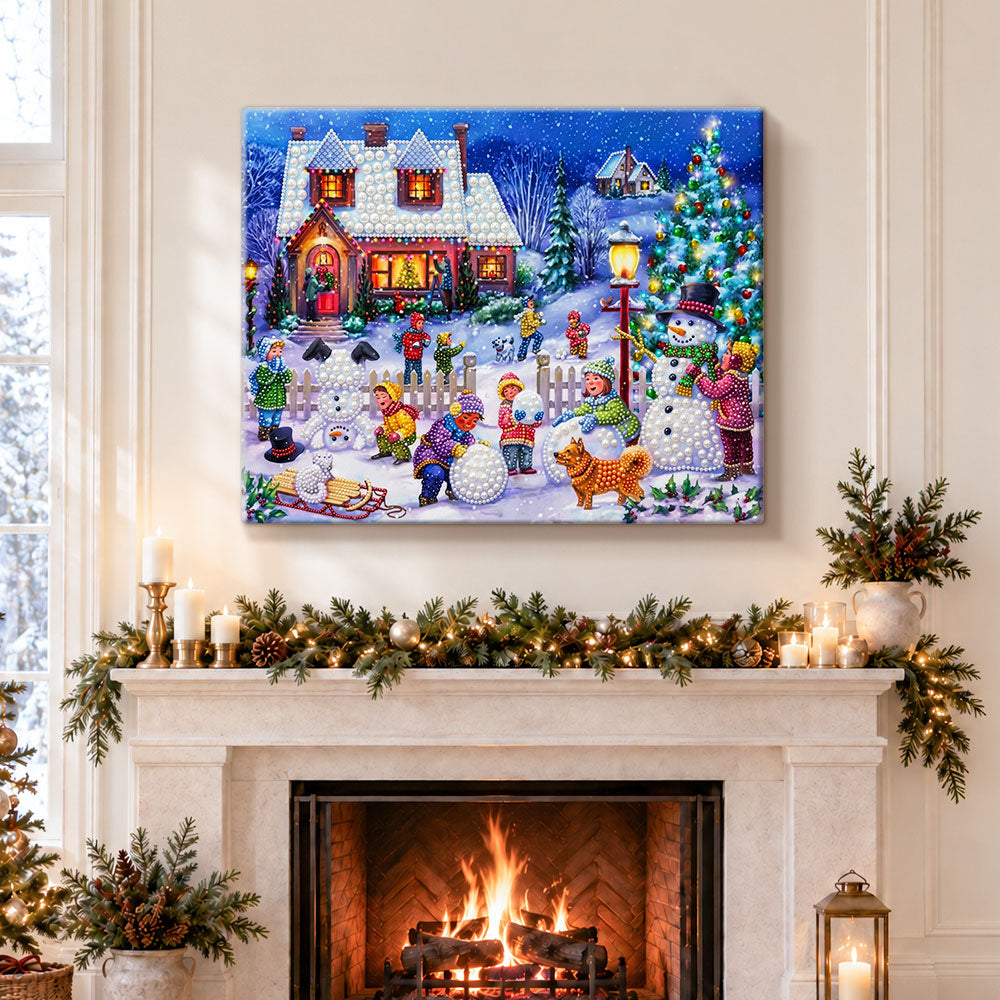 Finished children building snowman pearl diamond painting artwork displayed as holiday home decor
