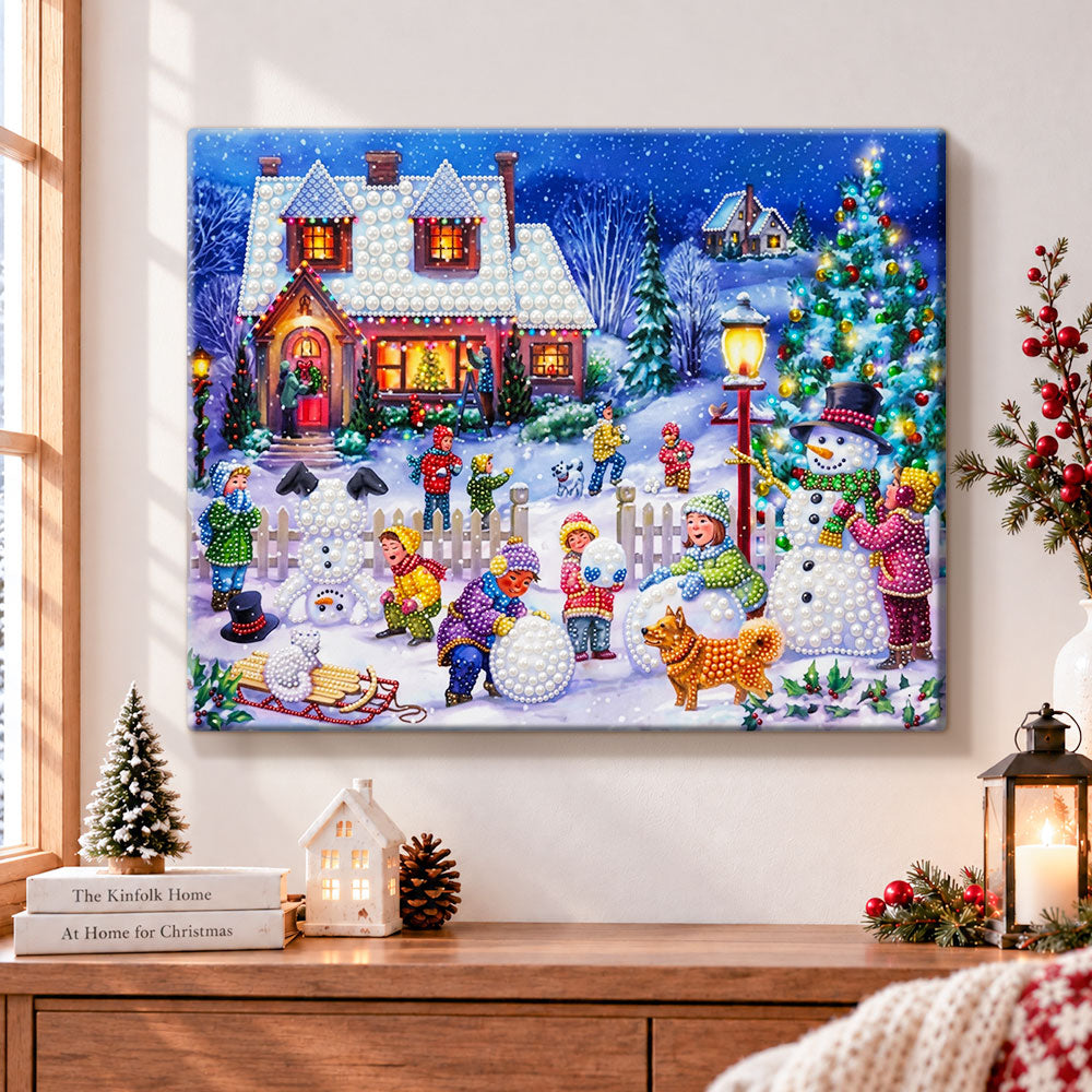Children building snowman pearl diamond painting kit for beginners