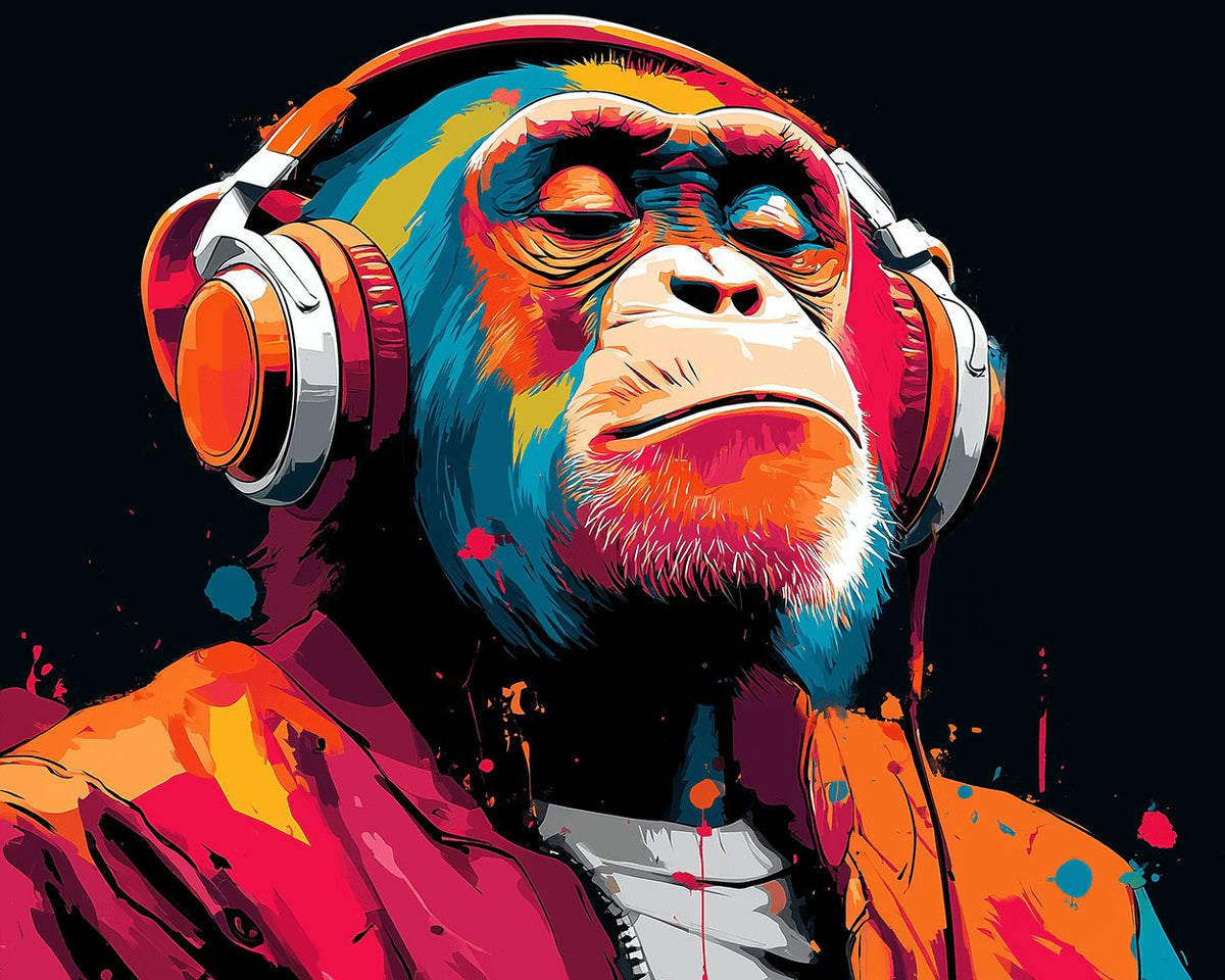 Chill gorilla enjoying music cross stitch kit for beginners