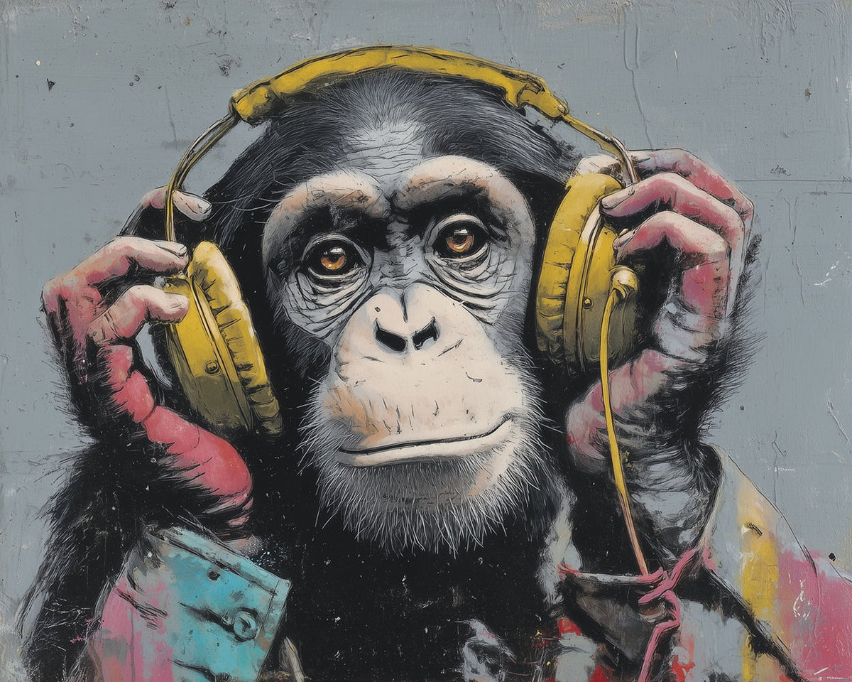 Chimp enjoying music cross stitch kit for beginners