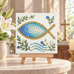 Christian fish symbol sea glass art kit displayed as seasonal home decor