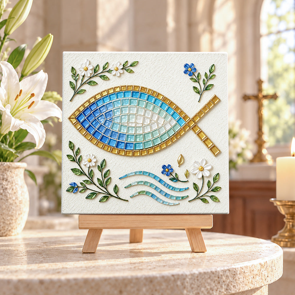 Christian fish symbol sea glass art kit displayed as seasonal home decor