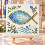 Christian fish symbol sea glass art kit finished artwork on display