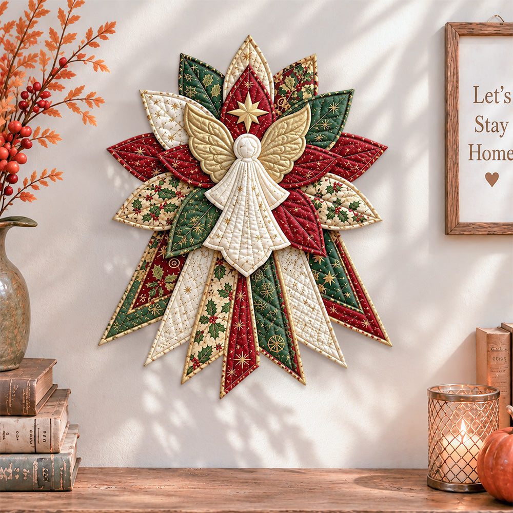 Christmas angel quilted bow displayed as handmade wall decor in a cozy home