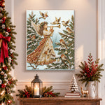 Finished christmas angel with songbirds pearl diamond painting artwork displayed as holiday home decor