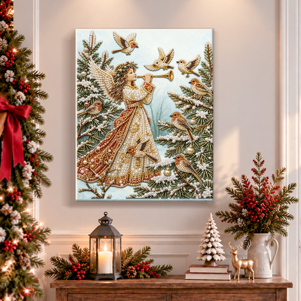 Finished christmas angel with songbirds pearl diamond painting artwork displayed as holiday home decor
