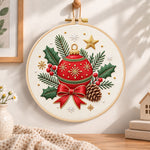 Christmas bauble ornament embroidery hoop wall art displayed as warm and cozy handmade home decor