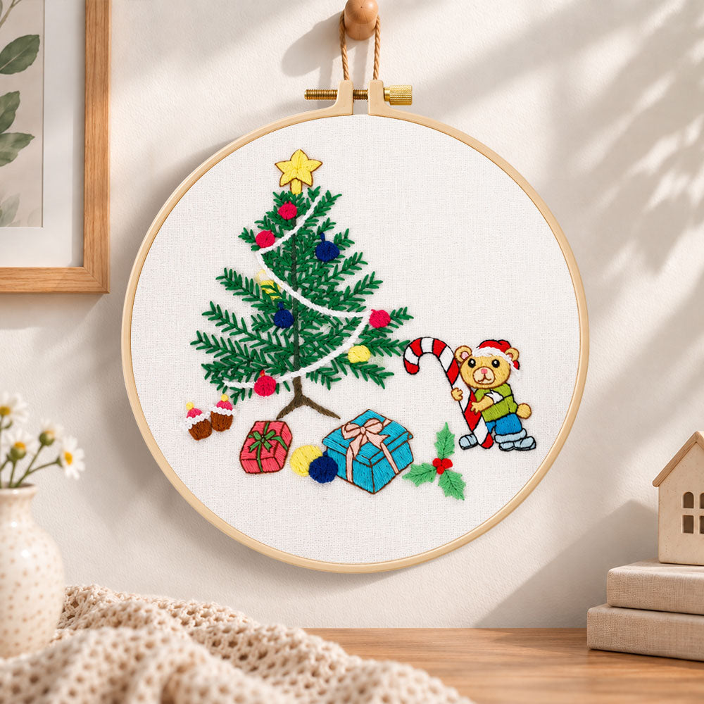 Christmas bear tree embroidery hoop wall art displayed as warm and cozy handmade home decor