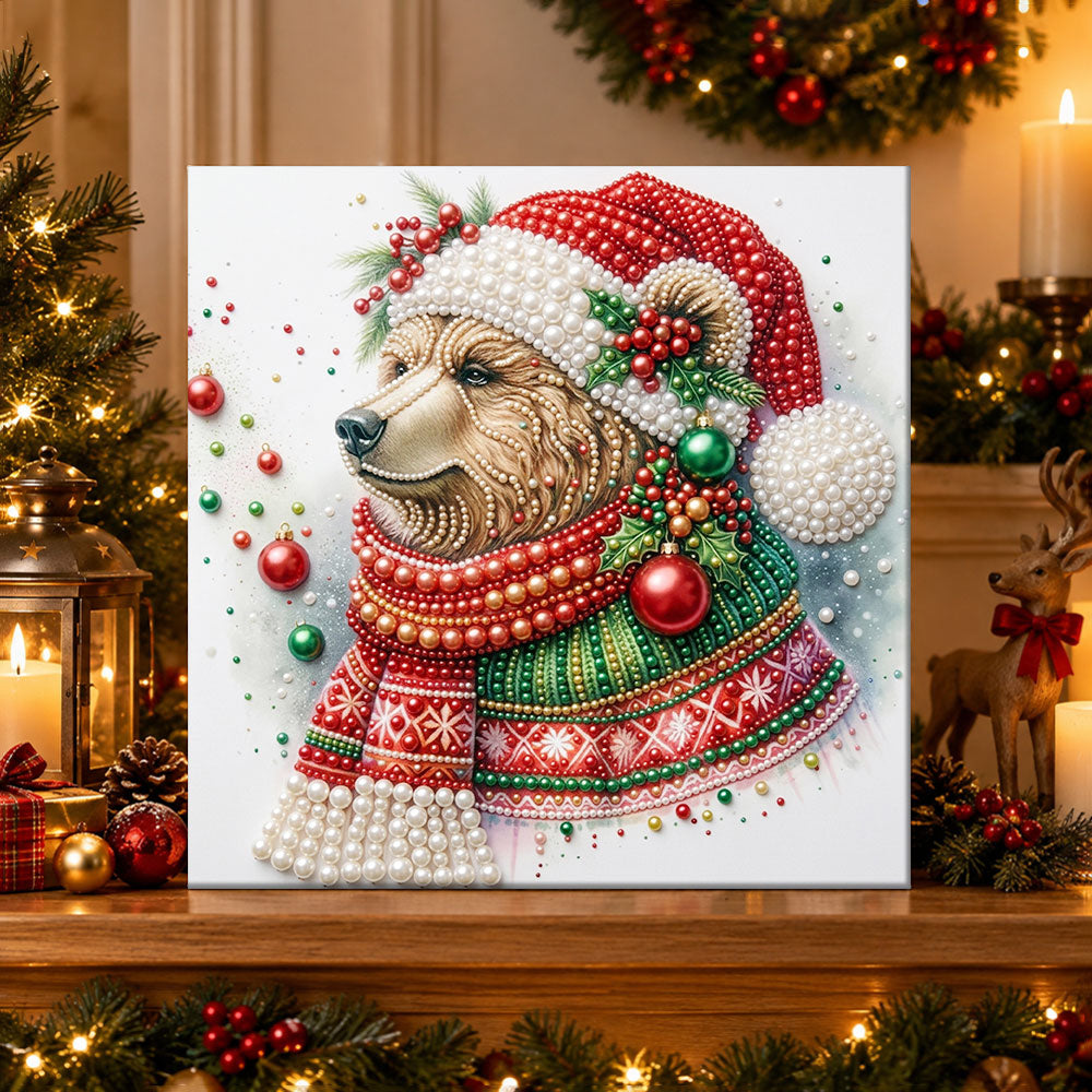 Finished christmas bear with santa hat pearl diamond painting artwork displayed as holiday home decor