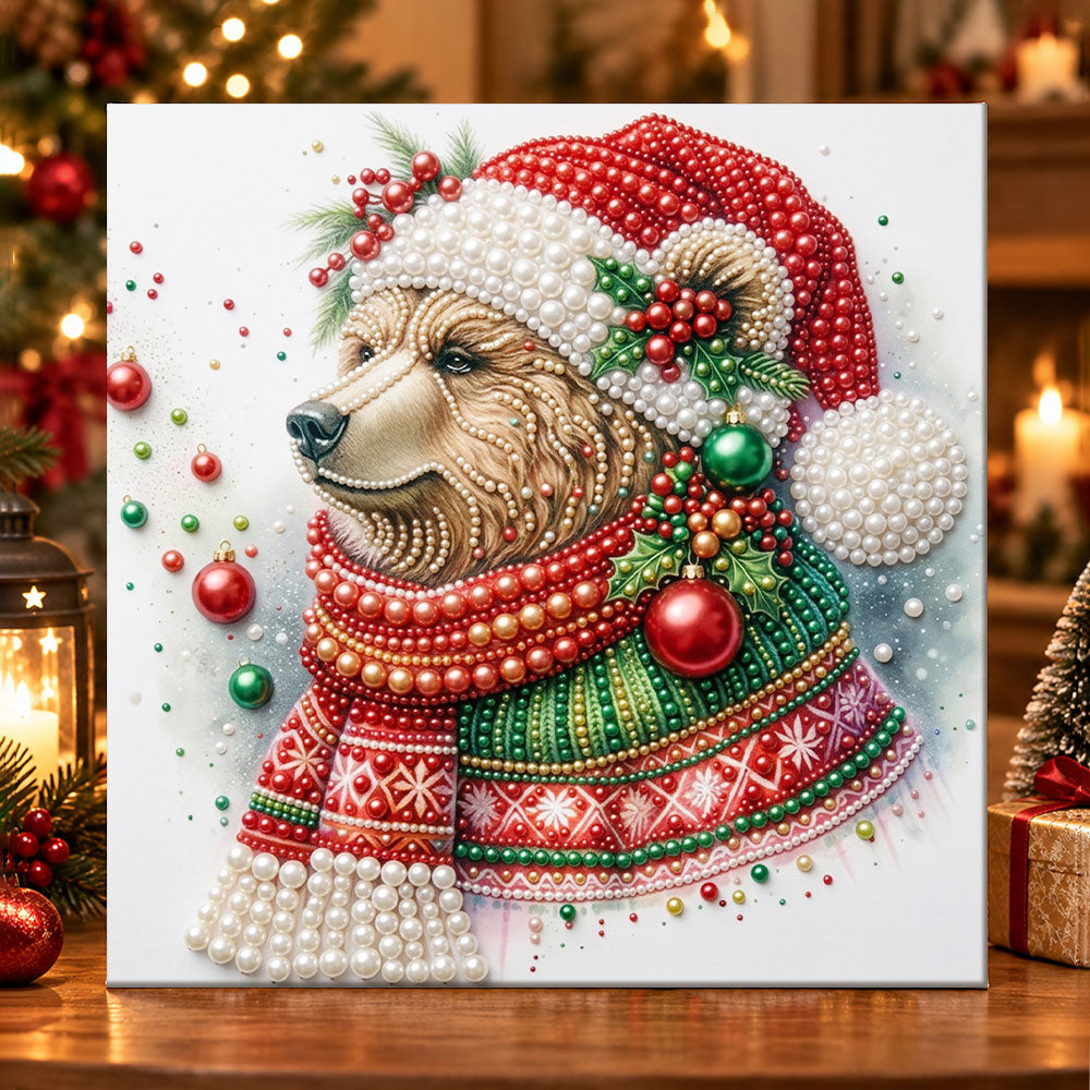 Christmas bear with santa hat pearl diamond painting kit for beginners