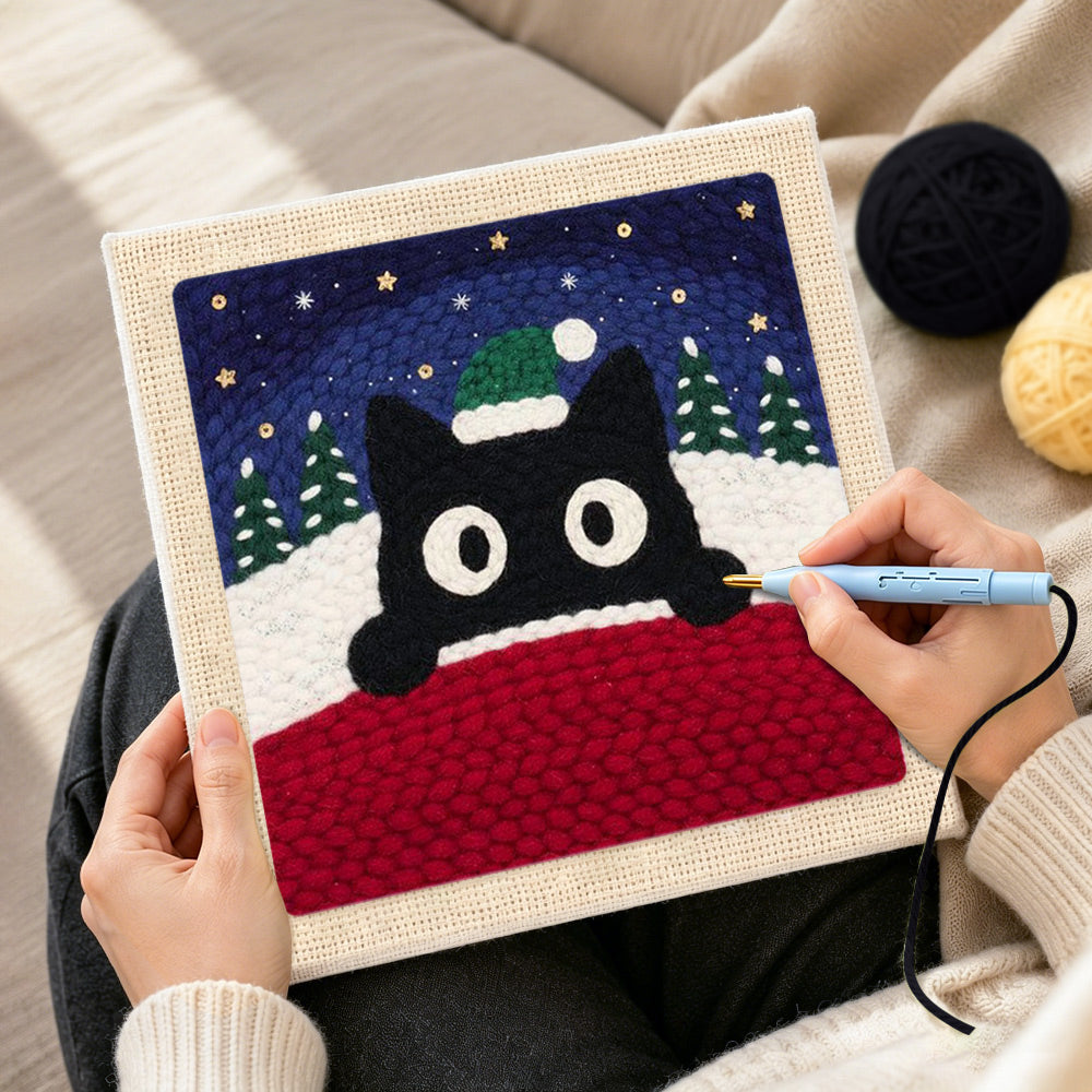 Creating handmade christmas black cat art punch needle artwork