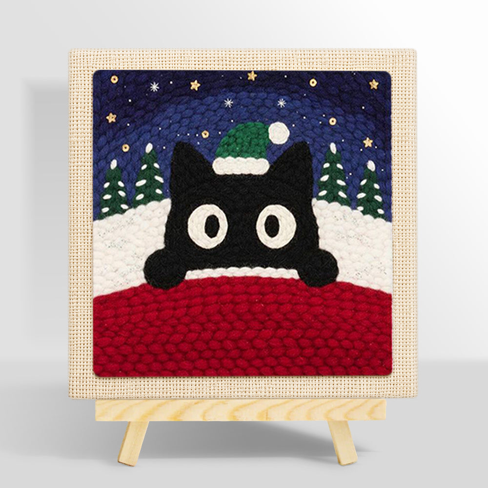 Christmas black cat art punch needle kit for beginners