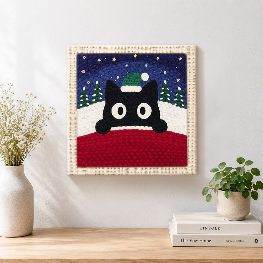 Finished christmas black cat art artwork displayed on a wall