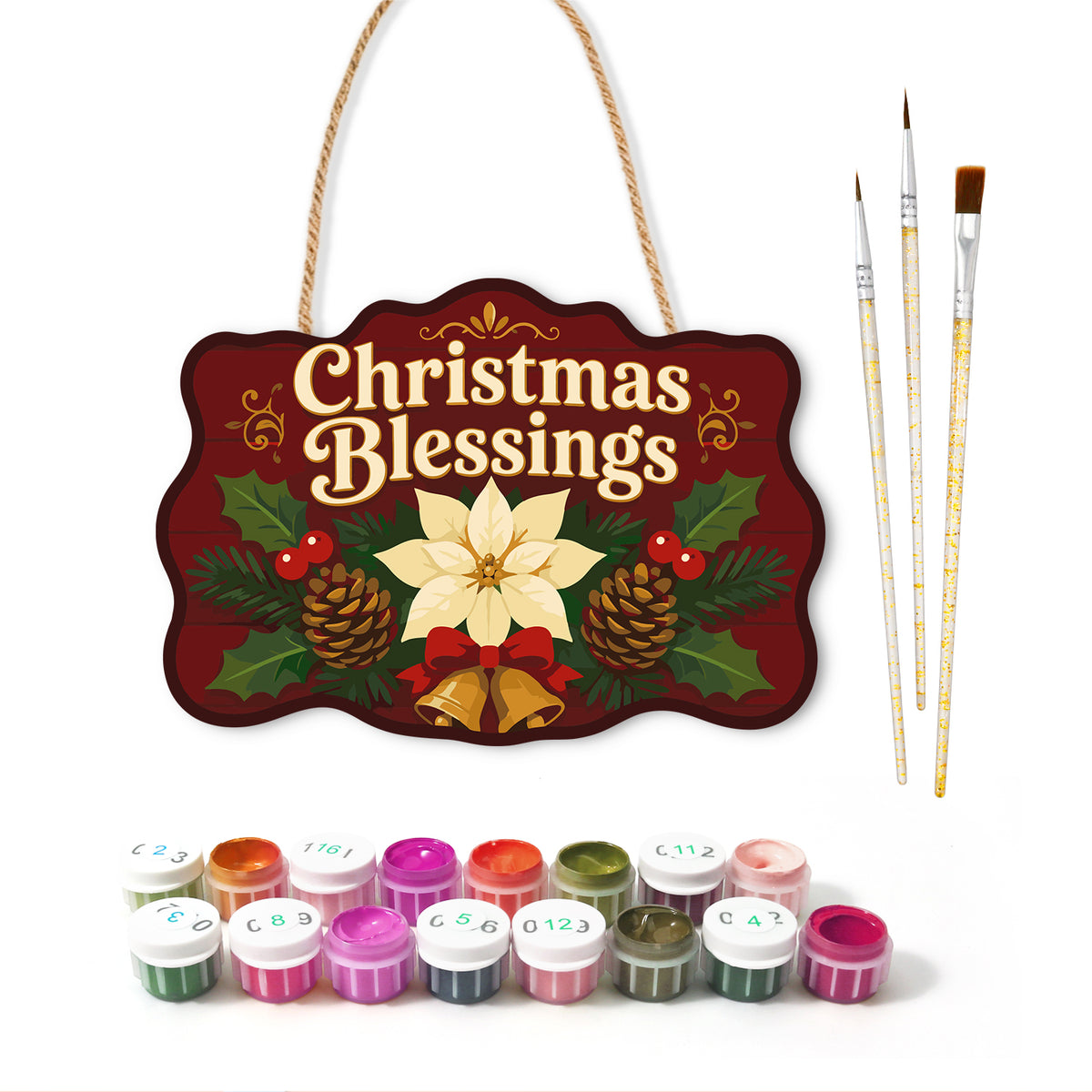 Christmas blessings poinsettia paint by numbers door hanger with paints and brushes