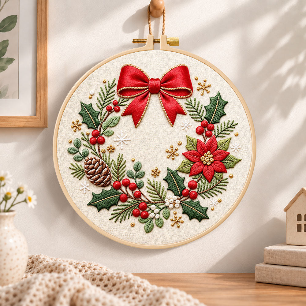 Christmas bow wreath embroidery hoop wall art displayed as warm and cozy handmade home decor