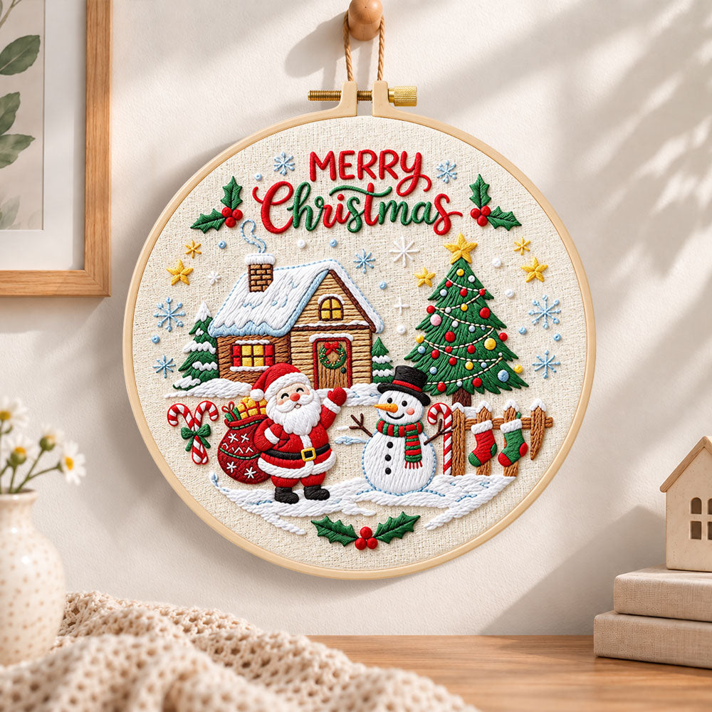 Christmas cabin and tree embroidery hoop wall art displayed as warm and cozy handmade home decor