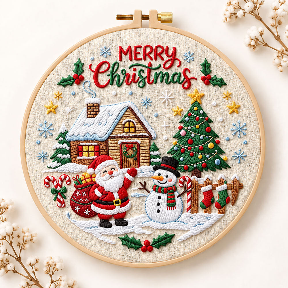 Christmas cabin and tree embroidery kit