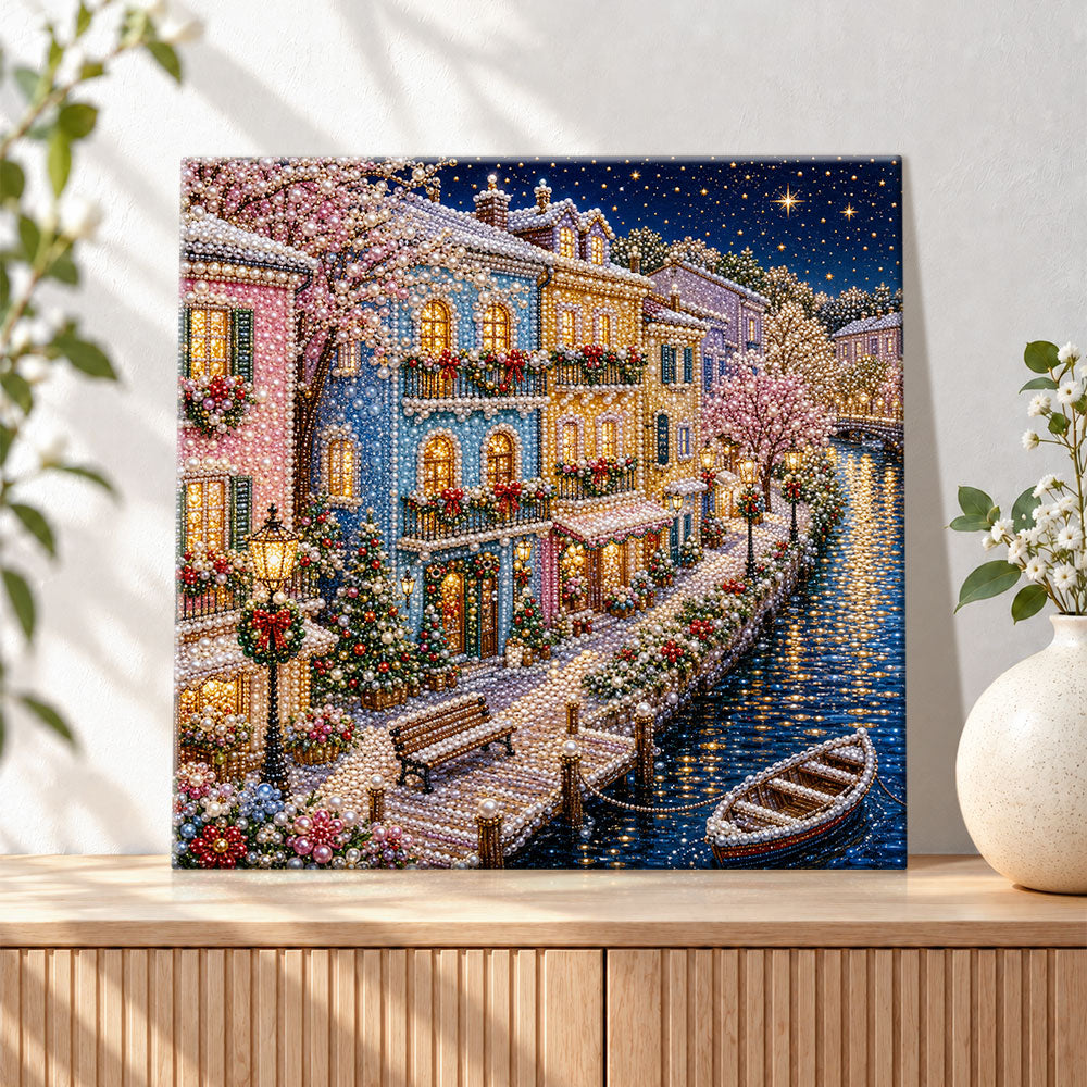 Finished christmas canal town at night pearl diamond painting artwork displayed as holiday home decor