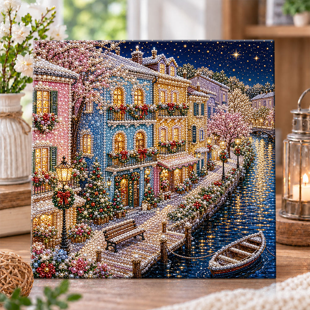 Christmas canal town at night pearl diamond painting kit for beginners