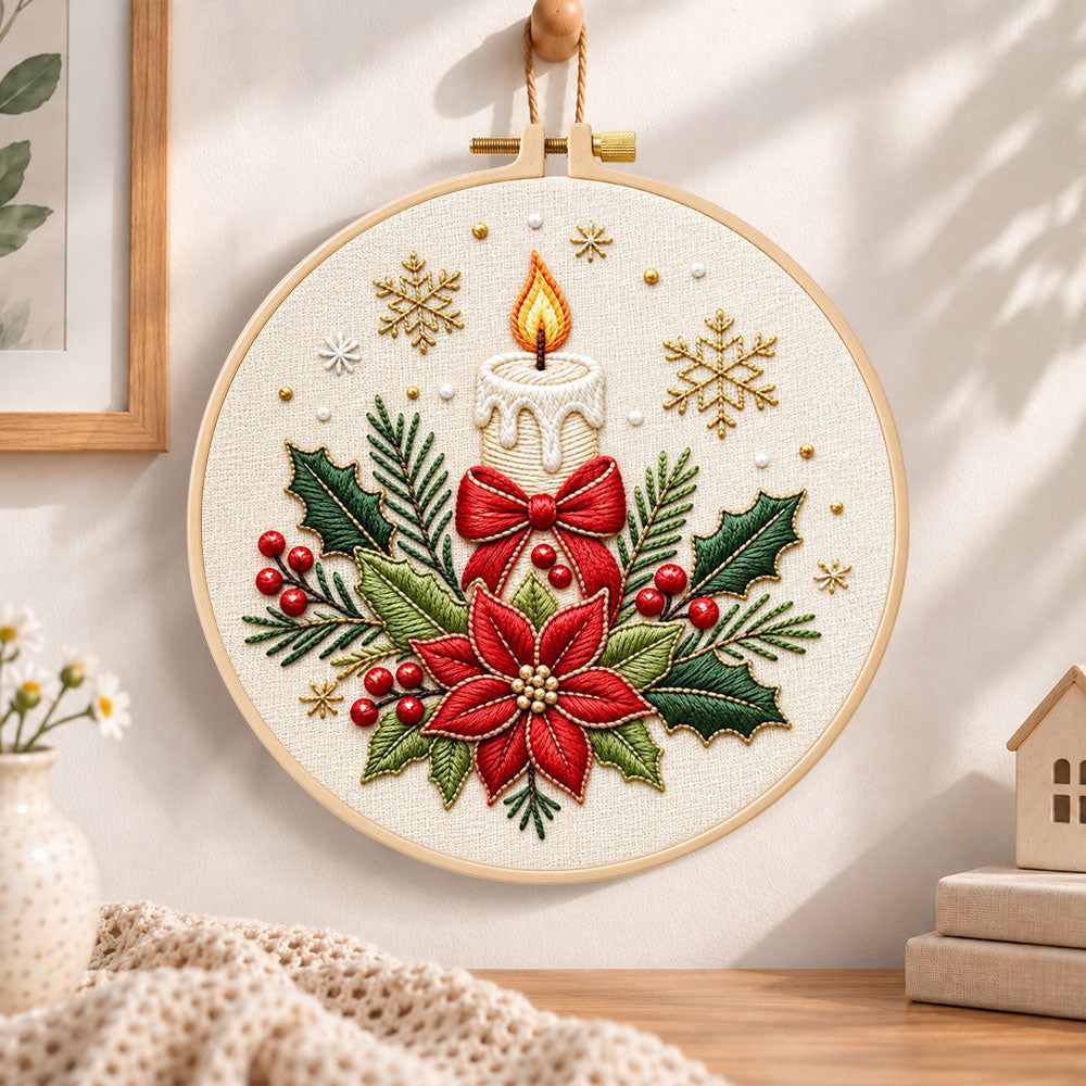 Christmas candle poinsettia embroidery hoop wall art displayed as warm and cozy handmade home decor