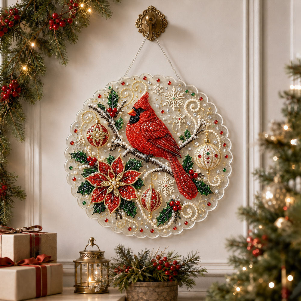 Finished christmas cardinal decor pearl diamond painting artwork displayed as holiday home decor