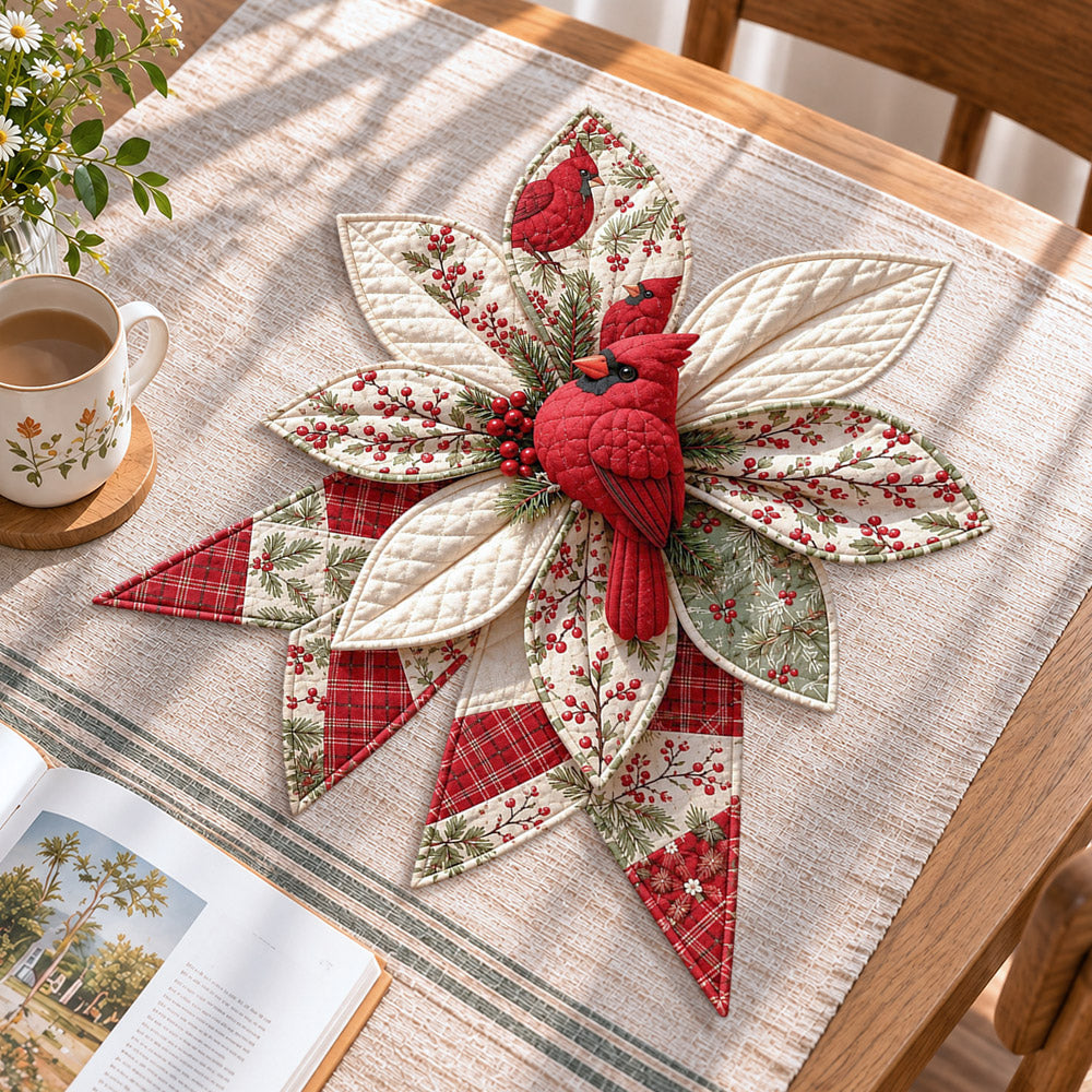 Christmas cardinal handmade quilted bow displayed on a table as seasonal home decor