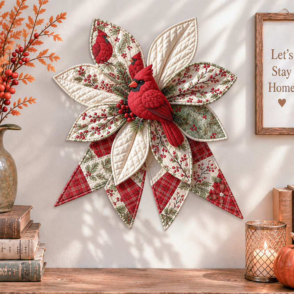 Christmas cardinal quilted bow displayed as handmade wall decor in a cozy home